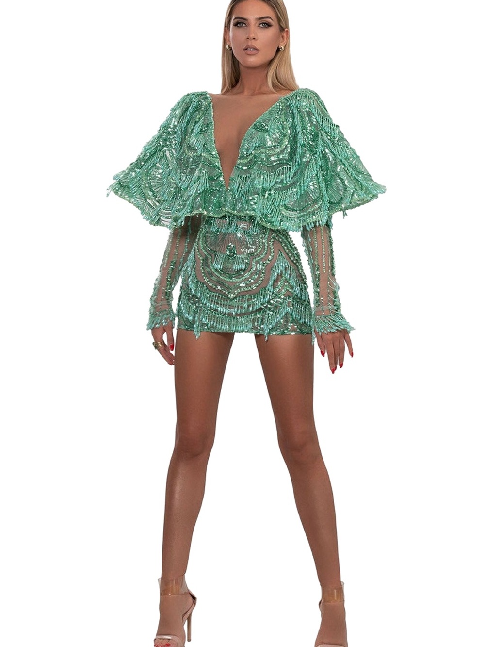 Albina Dyla Emerald Green Sequin Mini Dress with Cape Sleeves